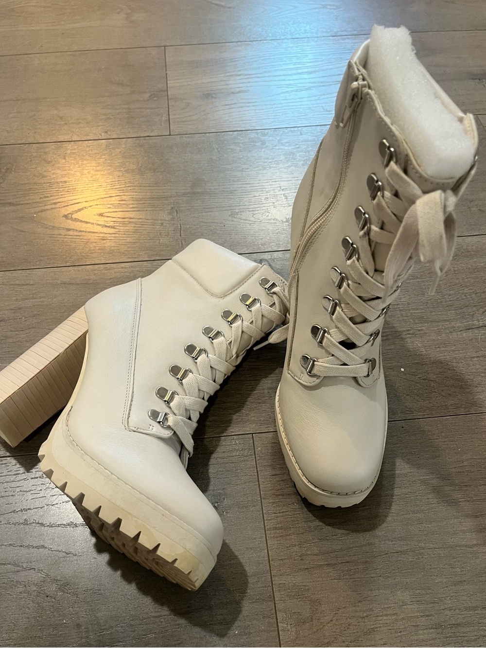 Steve Madden Women’s Cream Lace-Up Block Heel Combat Boots